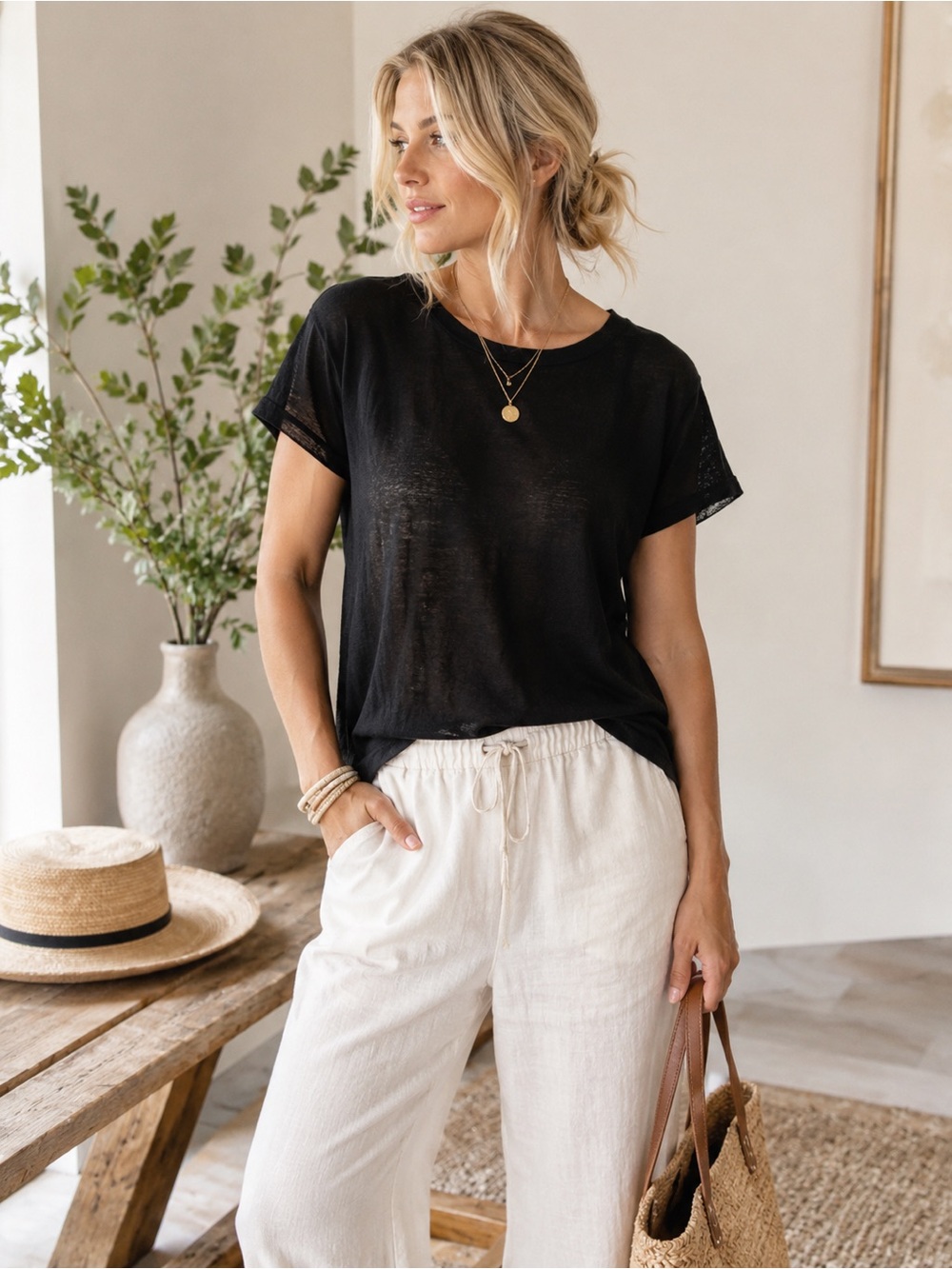 J.Crew 100% Linen Tee Black Short Sleeve Crew Neck Top Size M